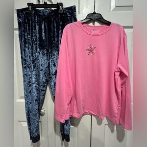2 Pc PJ Set 🩷💙 Pink ❄️ Long Sleeve Shirt & Shimmery Blue Velvety Pants, pockets